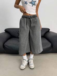 SHEIN Quần jean ống rộng dáng suông, cạp chun, chất liệu denim sáng màu, kiểu dáng Y2K dành cho nữ tuổi teen, thích hợp cho kỳ nghỉ hè, đi biển, phong cách boho, đi xem hòa nhạc, lễ hội, tiệc tùng, đi nhà thờ hay lễ tốt nghiệp. - màu đen - Xem 5
