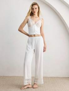 Ocili Women's Lace Patchwork Camisole & Long Pants Pajama Set - White - View 6