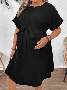 Plussiva Plus Size Maternity Solid Color Minimalist Casual Short Sleeve Dress - Black - View 1