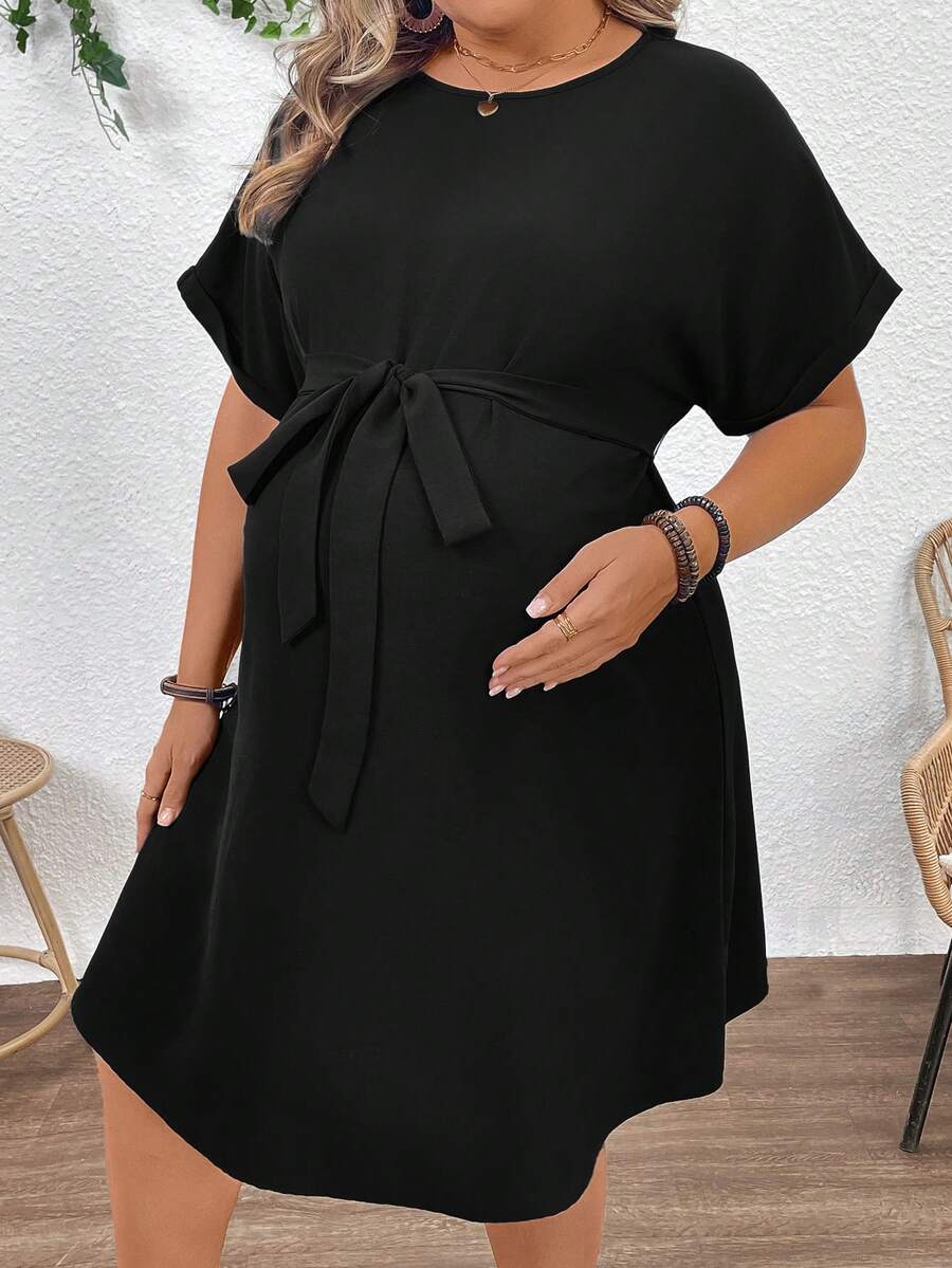Plussiva Plus Size Maternity Solid Color Minimalist Casual Short Sleeve Dress - Black - View 1