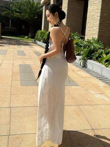 Livesso 春夏蕾丝镂空提花白色吊带连衣裙，休闲度假沙滩中长连衣裙 - 白色 - 查看 9