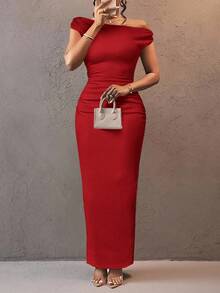 Slaydiva 2025春夏新品，适合生日派对、返校、校园风、日常穿着、休闲、度假、邮轮旅行、海滩、日光浴、网红、街头风、优雅、通勤、商务休闲、性感、单肩、修身、纹理竖条纹面料、绿色女士长裙 - 紅色 - 查看 9