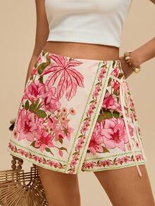 Travachic Plus Size Bohemian Casual Vacation Beach Shorts With Tie Decoration And Ruffle Hem For Women - Multicolor - View 1