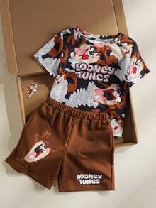 LOONEY TUNES X SHEIN Young Boy Cartoon Print Short Sleeve T-Shirt And Shorts Set, - Brown - View 7