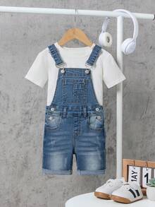 SHEIN Young BoyNavy Blue Denim Elastic Suspender Shorts - Light Wash - View 7