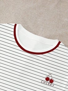 Resyla Striped & Cherry Print Round Neck T-Shirt For Women - White - View 4