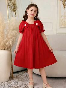 SHEIN Young Girls' Dreamy Soft Princess Style Red Dress,Summer Short Sleeve A-Line Lightweight Flowing Party Dress For Daily Leisure Activities - Red - View 4