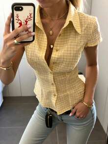 EMERY ROSE Women's Plaid Lapel Single-Breasted Casual Versatile Commuting Short Sleeve Shirt - Yellow - View 3