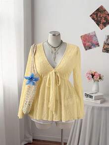 Sweetra Áo thun dài tay cổ đổ dáng rộng dành cho nữ cỡ lớn, màu hồng, thích hợp mặc đi làm. - Màu vàng - Xem 3