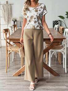 SHEIN LUNE Damen Lässig Blumen Muster Fledermausärmel Top und weite Hose Set, geeignet für Frühling, Sommer, Herbst - Verschiedenfarbig - Übersicht 5