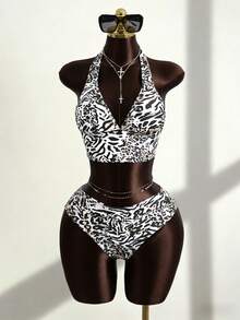 Zestiva Spring/Summer Hot Selling Leopard Print Halter Top + Triangle Bikini Bottom + Drawstring Ruched Hem Skirt 3-Piece Beachwear Set - White - View 5