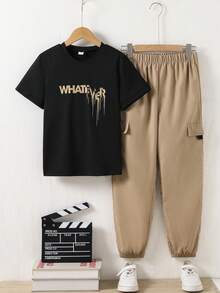 SHEIN Vacaura 男童春夏两件套服装 - 印花黑色短袖T恤搭配工装裤，休闲百搭套装 - 彩色 - 查看 5