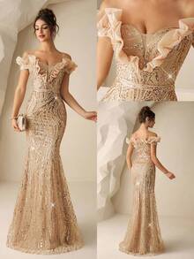 Coutiva 秋冬奢华珠饰亮片露肩露背缎面单肩鱼尾晚礼服，适合婚礼宾客、毕业典礼、生日派对、音乐节等场合。香槟色露肩礼服，香槟色晚礼服，魅力礼服，优雅贝儿礼服，金色晚礼服，香槟色正式礼服，优雅晚礼服，亮片晚礼服，鱼尾正式礼服，盛大晚礼服，优雅女士金色礼服，奢华礼服 - 香檳色 - 查看 2