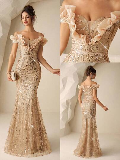 Coutiva 秋冬奢华珠饰亮片露肩露背缎面单肩鱼尾晚礼服，适合婚礼宾客、毕业典礼、生日派对、音乐节等场合。香槟色露肩礼服，香槟色晚礼服，魅力礼服，优雅贝儿礼服，金色晚礼服，香槟色正式礼服，优雅晚礼服，亮片晚礼服，鱼尾正式礼服，盛大晚礼服，优雅女士金色礼服，奢华礼服
