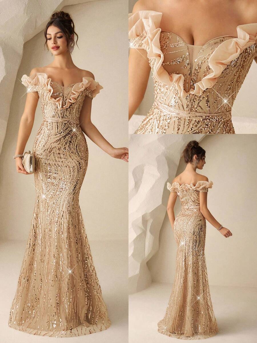 Coutiva 秋冬奢华珠饰亮片露肩露背缎面单肩鱼尾晚礼服，适合婚礼宾客、毕业典礼、生日派对、音乐节等场合。香槟色露肩礼服，香槟色晚礼服，魅力礼服，优雅贝儿礼服，金色晚礼服，香槟色正式礼服，优雅晚礼服，亮片晚礼服，鱼尾正式礼服，盛大晚礼服，优雅女士金色礼服，奢华礼服