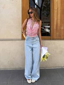 Serisse 女士夏季流苏亮片露背吊带背心，Y2K法式水钻亮片粉色露背流苏背心，性感深V领，适合派对/夜店/度假穿着，夏季女装，夏季上衣，派对上衣，优雅女士衬衫，女士度假装，女士沙滩装，亮片上衣，荷叶边上衣，粉色亮片露背吊带背心 - 粉色 - 查看 5