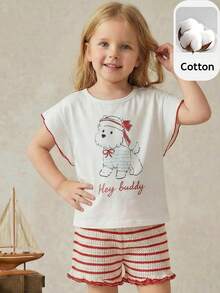 PrepCrw Bộ 2 món cho bé gái, kiểu dáng thường ngày, thanh lịch, in hình cún con dễ thương, gồm áo thun trắng cổ tròn tay ngắn và quần short kẻ sọc đỏ, thích hợp cho đi học, mặc hàng ngày, du lịch, dự tiệc, lễ hội, mùa xuân và mùa hè. - Nhiều màu - Xem 2