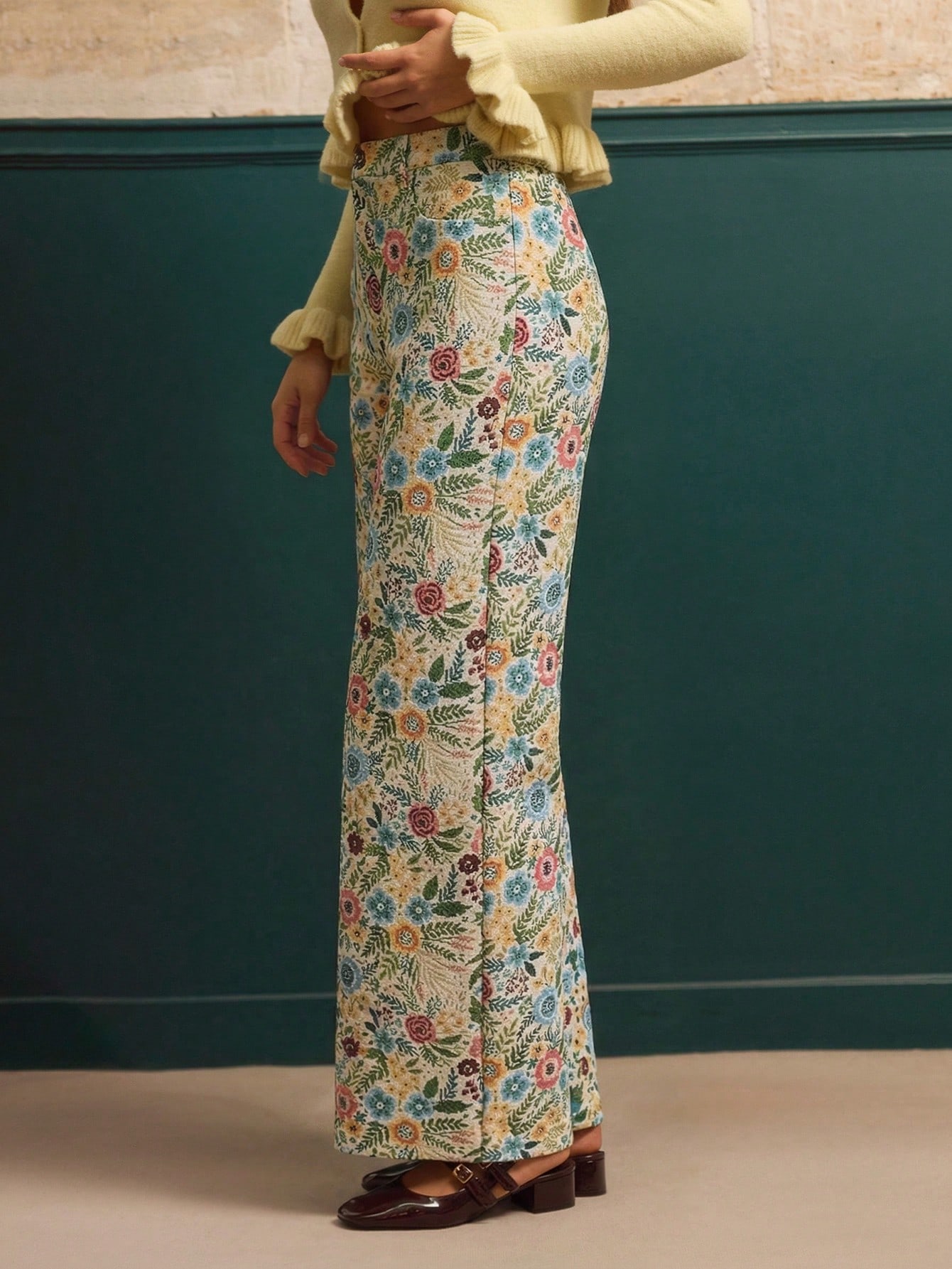 Vintage Style Floral Jacquard High Waisted Wide Leg Trousers Spring Summer Going Out