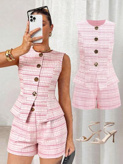 Ellevyn Women's Elegant Commuter Vest & Shorts 2 Pieces Set, Summer Summer Outfits For Women  Wedding Guest Dress For Women Formal Attire For Women  Business Professional Women  Pink Plaid Sleeveless Vest Shirt And Shorts Suit, Made Of Stretch Knit Fabric, Elegant For Both Vacation And Office Wear.