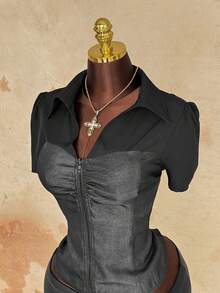 Sunspun Áo sơ mi nữ cỡ lớn tay ngắn xếp ly khóa kéo phía trước kiểu dáng thường ngày - màu đen - Xem 4