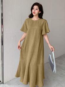 DAZY Solid Color Round Neck Ruffle Hem Mid-Length Dress For Women Sundress Summer - Green - View 3
