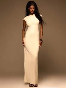 MUSERA Slinky Asymmetric Ruched Shoulder Straight Fit Maxi Dress Spring Summer Elegant Vacation Holiday Ibiza Club Occasion Sexy Evening Wedding Guest Sunset Kiss - Beige - View 5