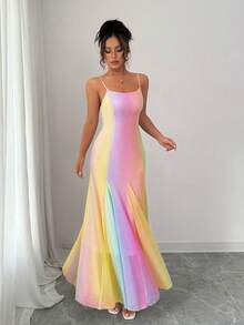 Rafferiza 夏日多巴胺女孩甜美彩虹雪纺连衣裙，优雅女士度假吊带法式连衣裙 - 鵝黃色 - 查看 3