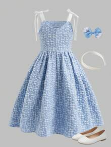 1pc Girls Jacquard Weave Vacation Style Sleeveless Waist Cinched Lightweight Summer Dress - Blue - View 2