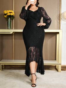 Modelyn Vestido elegante de manga larga con cuello de corazón, ajustado, con volantes en el bajo, de unicolor, talla grande - Negro - Ver 4