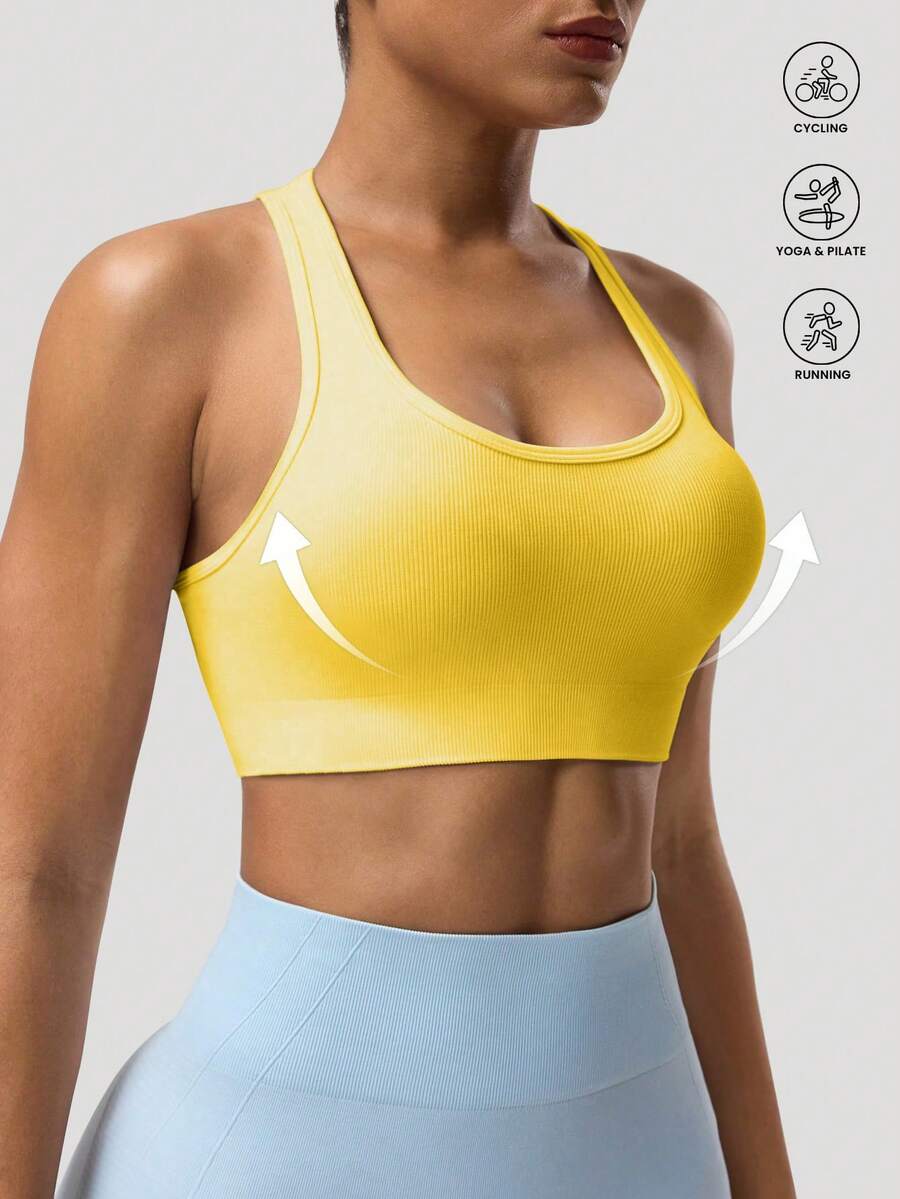 Easithlete 女士纯色无袖短款瑜伽背心 - 黃色 - 查看 1