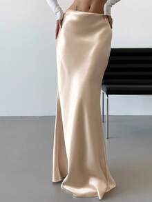 SHEIN Tall 情人节新款优雅浪漫复古精致长款美人鱼裙，高腰设计，金色缎面面料，春夏仙气十足，适合毕业典礼、教师节、返校季等场合穿着。 - 淺粉色 - 查看 4