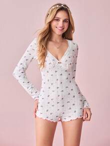 Bonmuse Women's Long Sleeve Floral Print Contrast Lace Trim Fitted Jumpsuit Pajamas - White - View 1