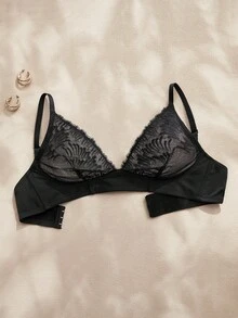 Charlaine 1pc Black Lace Patchwork Deep V Wireless Bra For Women - Black - View 8