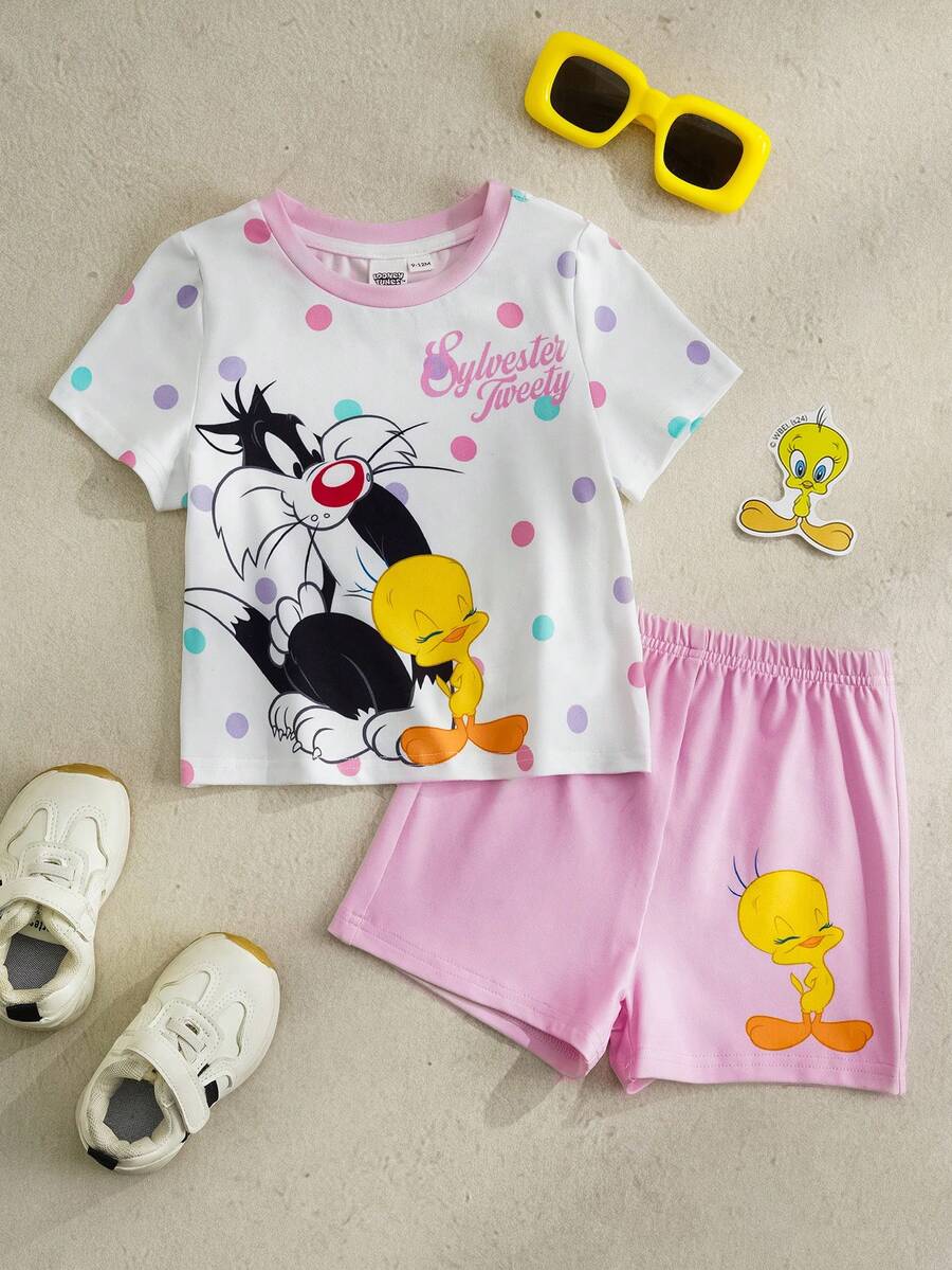 LOONEY TUNES X SHEIN 女婴波点卡通印花短袖T恤和短裤休闲套装 - 淺粉色 - 查看 1