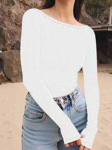 INAWLY Plus Size Women Solid Color Boat Neck Backless Fitted Casual Long Sleeve T-Shirt - White - View 3