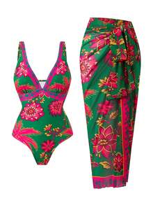 Swim Oasis Women's Summer Vacation Casual Beach Wear Tropical Floral Print One-Piece Swimsuit Bikini With Adjustable Shoulder Strap & Skirt, High-End Fashion Swimsuit Set - Multicolor - View 4