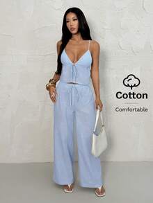 SHEIN PETITE Bộ đồ nữ dệt sọc kẻ, kiểu dáng thường ngày, thích hợp cho kỳ nghỉ xuân/hè. - Xanh và trắng - Xem 6