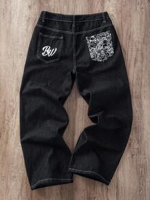 Manfinity Joysei 男士字母印花口袋宽松阔腿休闲牛仔裤 - 黑色 - 查看 1