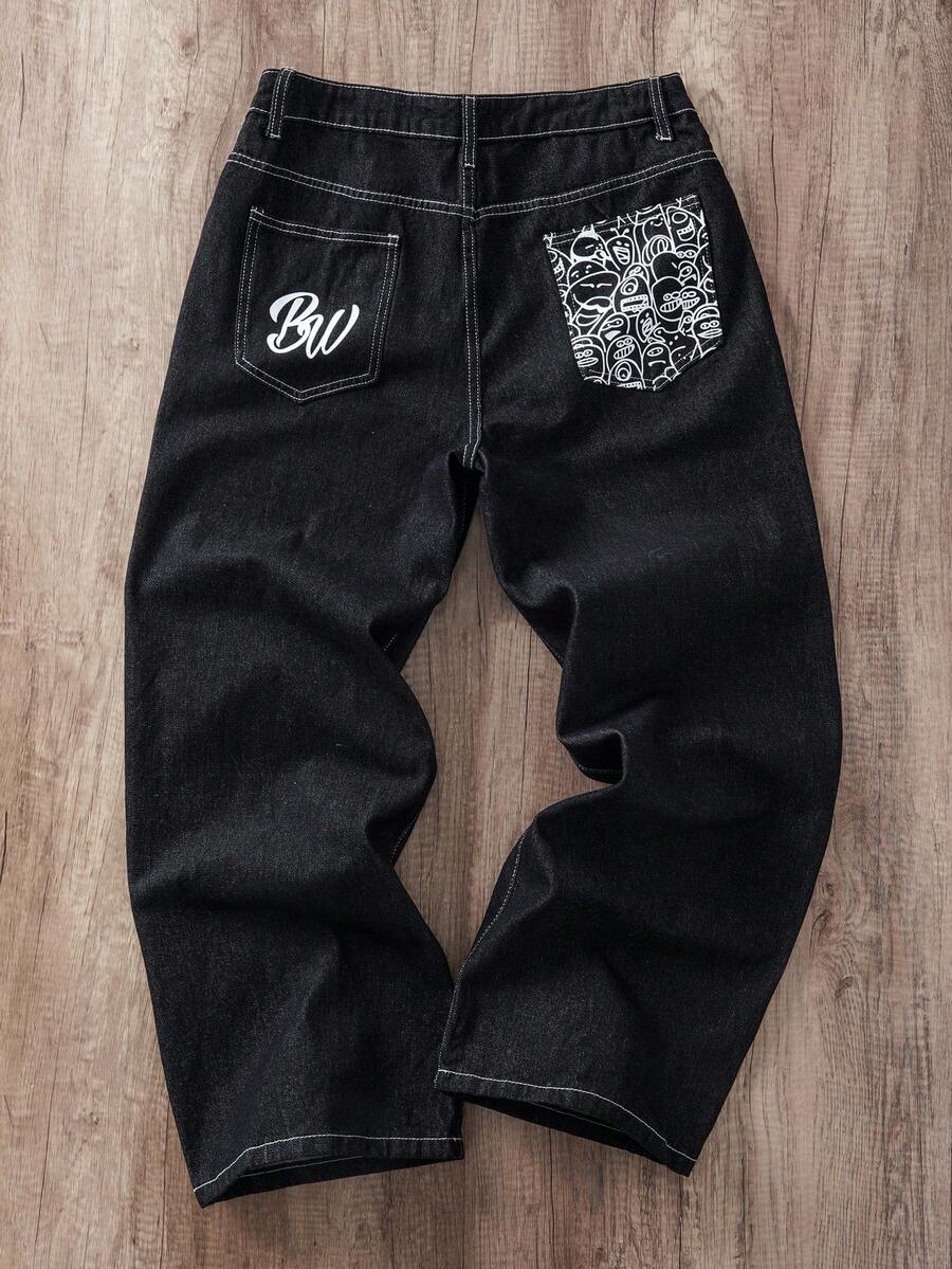 Manfinity Joysei 男士字母印花口袋宽松阔腿休闲牛仔裤 - 黑色 - 查看 1