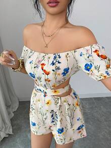 Elenzga 女士休闲优雅杏色碎花露肩系带修身连体裤，春夏款 - 彩色 - 查看 4