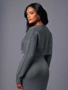 Hauture Áo len dài tay cổ tròn, dáng ngắn, xẻ tà, đơn giản, gợi cảm, thường ngày. - Xám - Xem 2