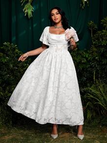 Roveilla 大码方领荷叶袖镂空提花雪纺优雅复古可爱度假派对连衣裙，飘逸裙摆 - 白色 - 查看 5