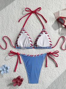 Swim Mod 2pcs/Set Plaid Print Spaghetti Strap Backless Tie Swimsuit Set For Women, Spring/Summer - Blue and White - View 2