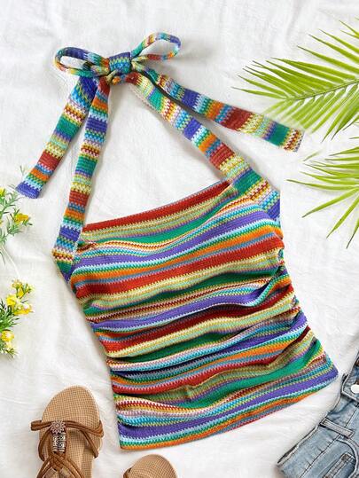 SHEIN Tween Girls' Casual Everyday Vacation Striped Knit Backless Bow Halter Beach Vacation Style Sleeveless Tank Top