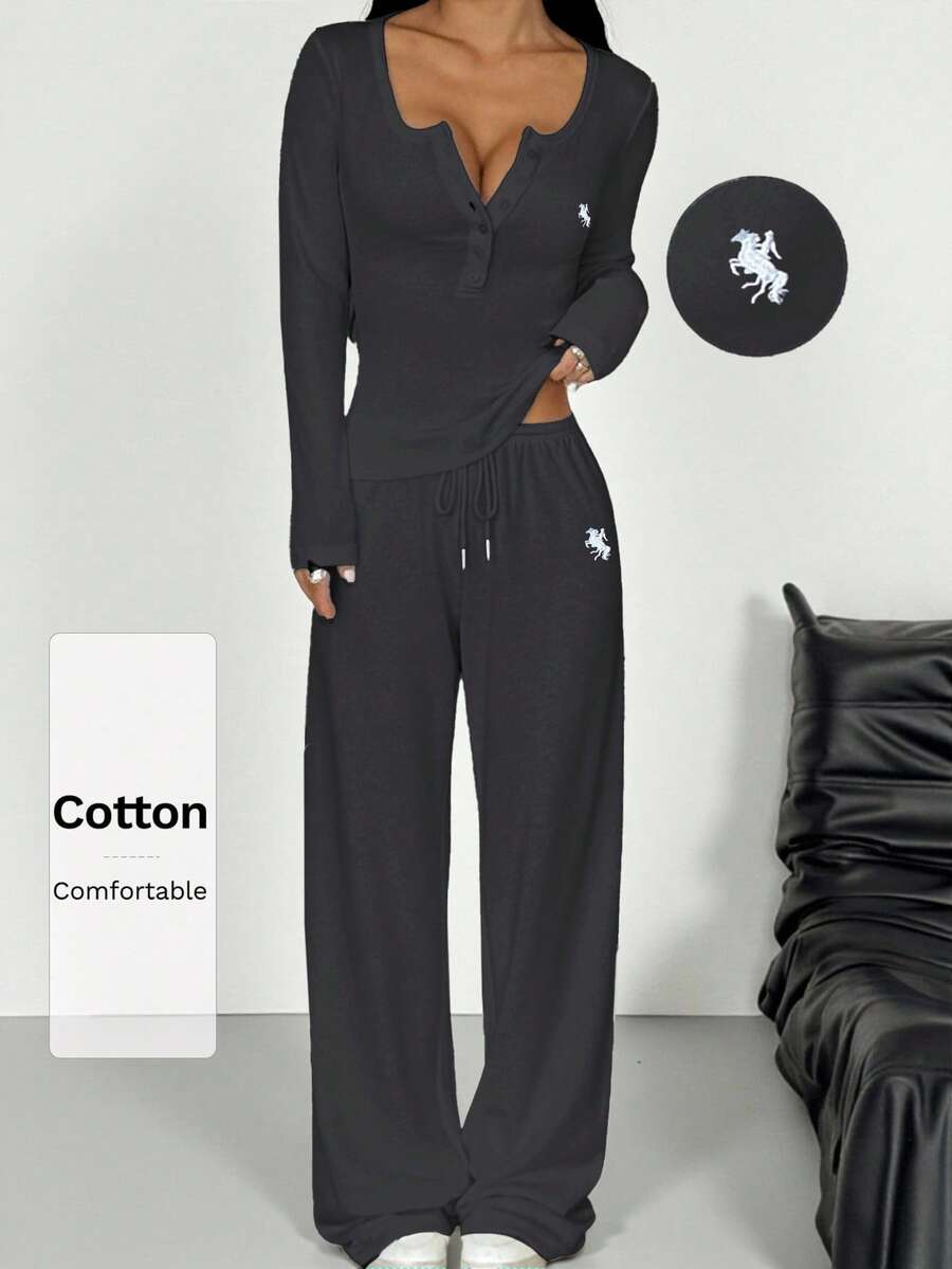SHEIN EZwear 女士针织长袖上衣和裤子休闲套装(2件套) - 深灰色 - 查看 1