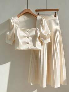 Franclia Apricot Satin Square Collar Puff Sleeve Metal Button Single-Breasted Top + Matching Pleated Maxi Skirt, Gentle Vibe Commuter 2 Pieces Set Pleated Skirt Set Skirt Sets Cream Outfit Women White Set Women French Style Clothes Cream Two Piece Set Two Piece Summer Set Skirt White Skirt And Top Set Dress Top - Apricot - View 1