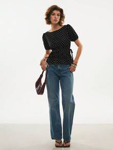 Poéselle Áo nữ tay ngắn cổ tròn chấm bi, thắt eo bên hông, kiểu dáng thường ngày, thích hợp cho mùa hè. - màu đen - Xem 6