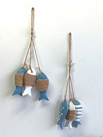 1PC Mediterranean Style Hanging Decoration Small Wooden Fish String Fishing Net Hanging Ornament Ocean Theme Pendant For New Year Party Wall Art Home Decor