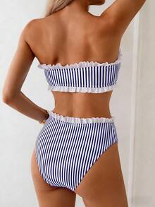 SHEIN Swim Spring/Summer Beach Vacation Striped Print 2 Pieces Set, Ruched Neckline, Ruffled Hem Pants - Multicolor - View 2