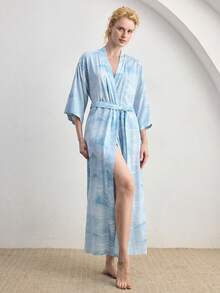 Ocili Leisure Comfortable Minimalist Chain Print Cotton Blend Mid-Sleeve Robe With Tie, Women Sleepwear Robe, Chic Autumn - Blue - View 6